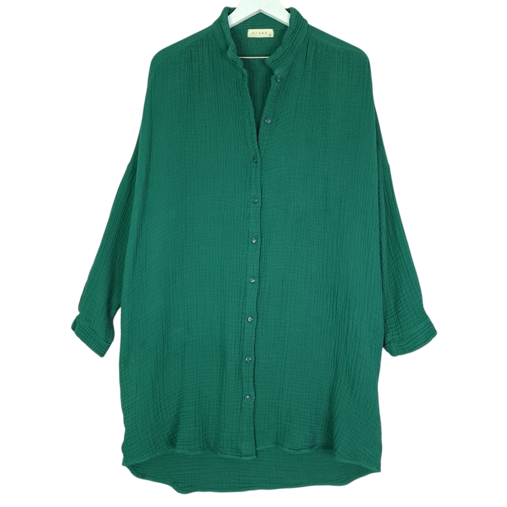 Stark X Green Cotton Gauze Oversized Button-Up Tunic Shirt
